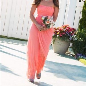 David’s Bridal Long Mesh Bridesmaid Dress (Coral)